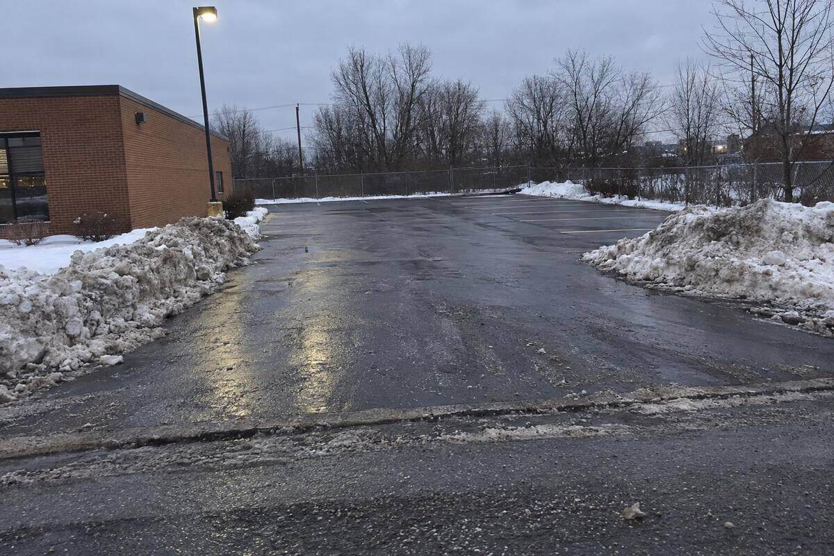 The entrance apron of a small commercial parking lot cleared to wet asphalt at first light, plow windrows banked on both sides of the opening